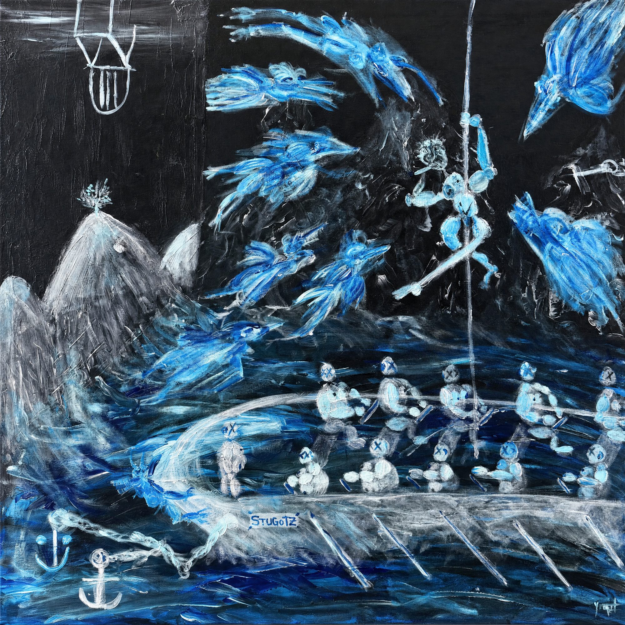 Deep black fills most of the surface. Numerous elongated bird-like forms painted in blue and white, each with a long beak and streaked wings, scatter across the upper two thirds. Near the centre a thin blue-white humanoid figure grips a vertical pole. Along a horizontal grey boat in the lower third stand a row of small rounded figures built from stacked circles, each marked with an X for eyes. The word STUGOTZ appears in blue letters on the boat's side. At left rises a pale grey triangular peak. Two white anchors and a chain sit at lower left, and thin diagonal lines extend into dark blue water along the bottom.