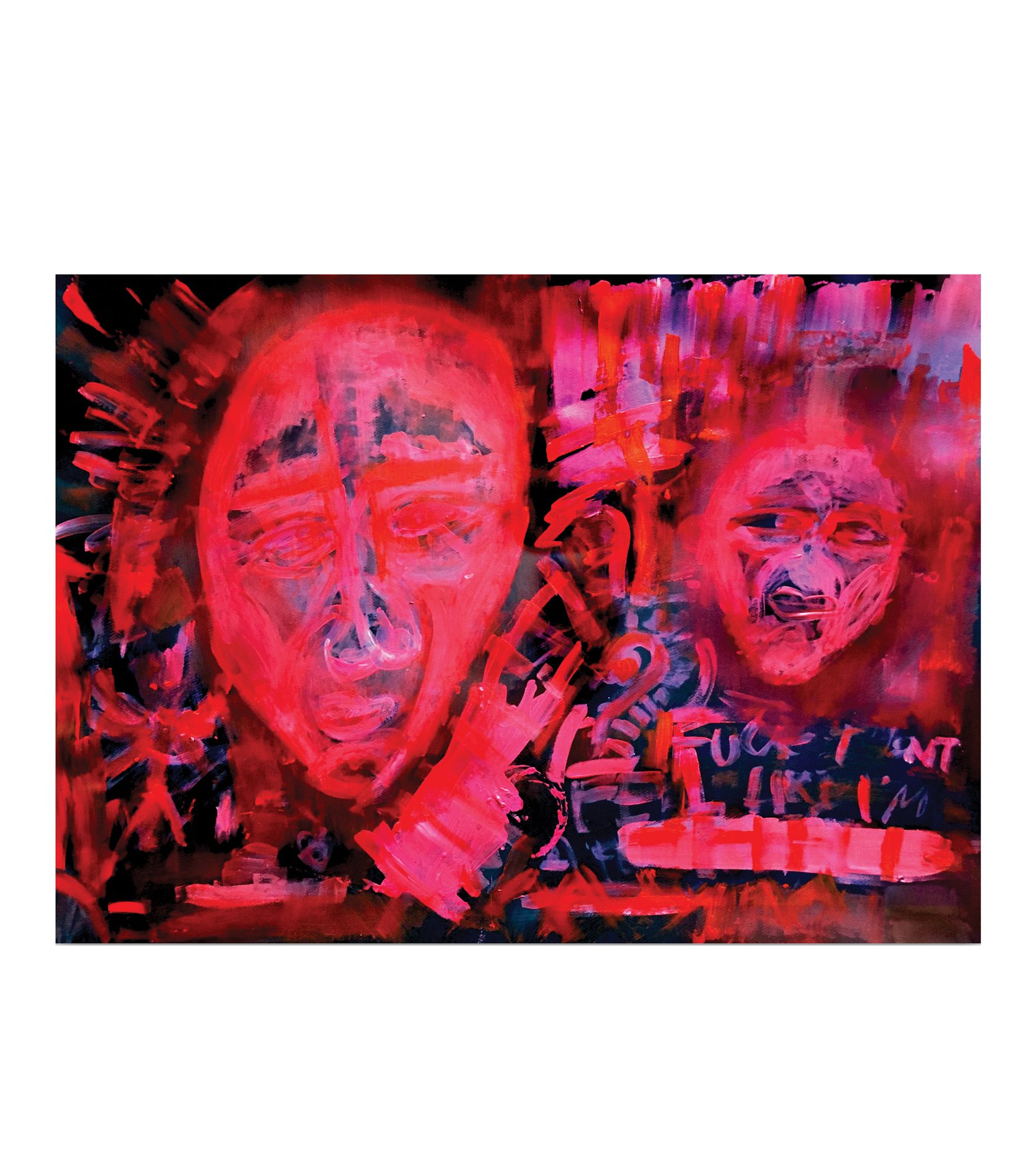 Red covers nearly the whole surface. A large frontal face occupies the left half, its brow, eyes, nose and downturned mouth drawn in thin pale lines over red, grey and violet washes. A smaller face of the same construction sits at the upper right. Between them a pale hand with four fingers points upward, above thick vertical red bars. Rows of white and pink block capitals run across the lower right, partly overpainted and only partly legible, above a horizontal pink band. Dark navy and black fill the edges, with magenta and violet vertical strokes along the top right.