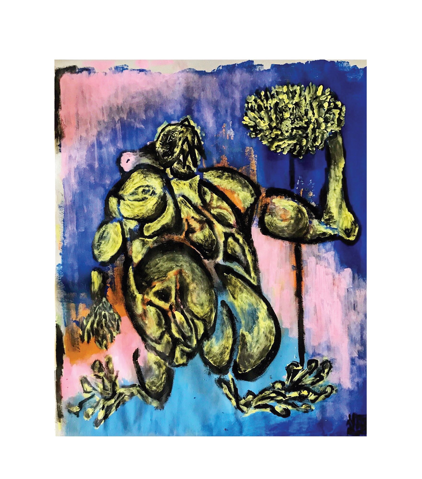 Vertical strokes of ultramarine blue, pink and violet fill the background, with lighter blue along the bottom edge and bare canvas showing at the left and top margins. At centre a large yellow-green form built from overlapping rounded lobes and thick black outlines crouches with legs folded to the lower left. A small head with a pink rounded snout and black spiky strokes sits at its top. Its right limb reaches to the upper right, ending near a bushy yellow-green mass on a dark vertical stalk. Three clusters of stiff yellow-green spikes occupy the lower left, lower centre and lower right. Orange patches show at mid-left.