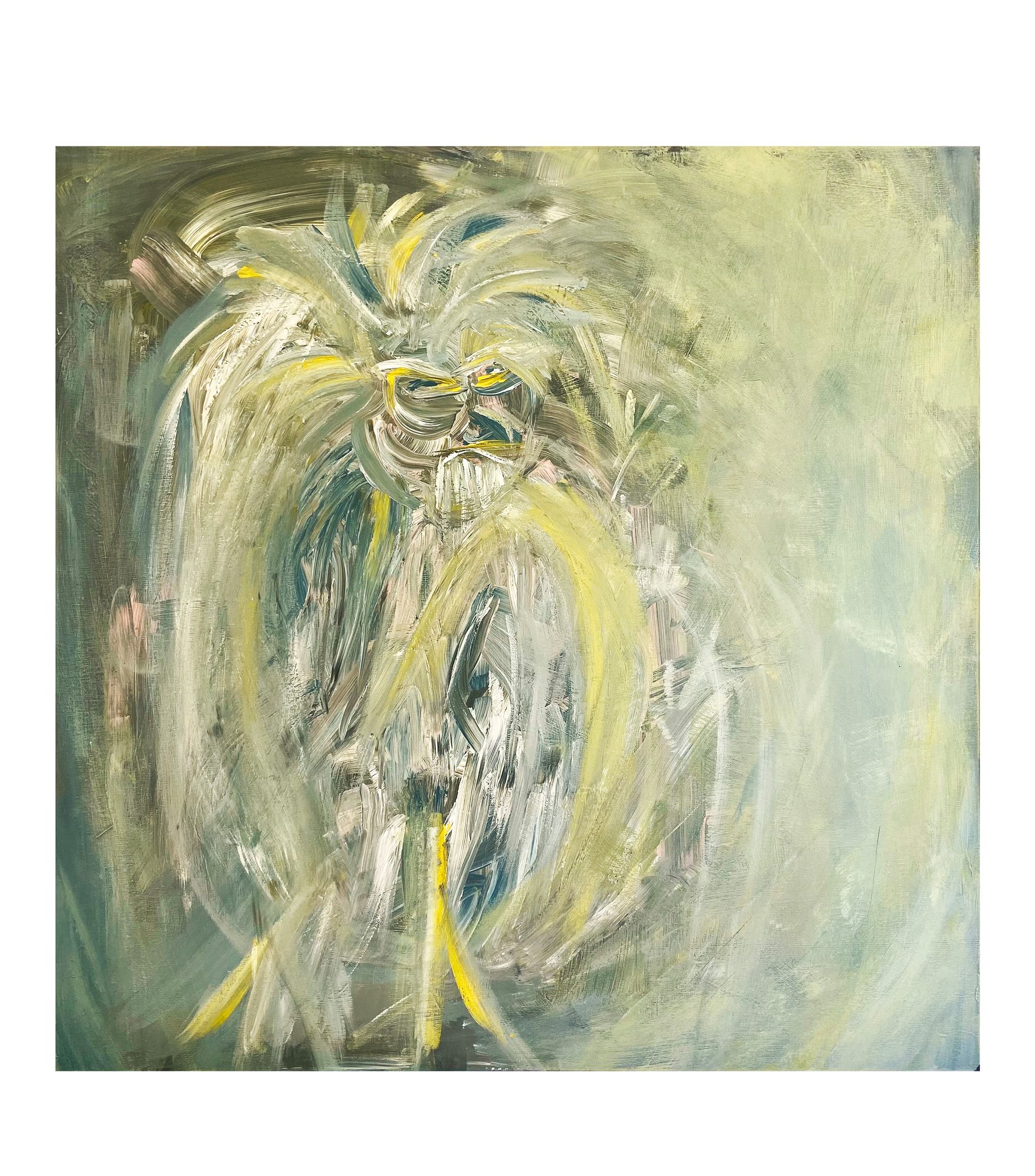 Sweeping curved brushstrokes fill the left two thirds of the square, building a tall rounded mass of pale yellow, off-white, olive green and teal, with pale pink patches at the upper left and on the left side below centre. Near the top, short horizontal strokes form two dark elongated marks side by side above a fan of vertical white strokes. Below, yellow arcs curve down both sides around a teal, grey and white core. Three yellow strokes reach toward the bottom edge, one at the lower left and two crossing near the centre. Dark olive brown fills the upper left corner; the right third is thin pale green grey.