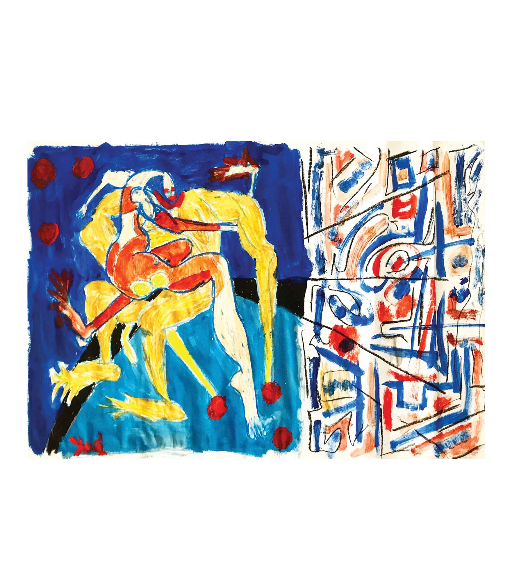 Two interlocking figures built from yellow, orange and cream limbs fill the left two thirds, outlined in blue and red over an ultramarine ground that shifts to lighter cyan below a black horizontal bar. A round pale head with a red band across the eyes sits near the top centre. Dark red discs are scattered at upper left and along the lower edge, and a black diagonal runs up from the lower left corner. The right third is off-white, covered with blue and orange rectangles, arcs and short strokes crossed by thin black diagonal lines. A red circle sits at its lower left.