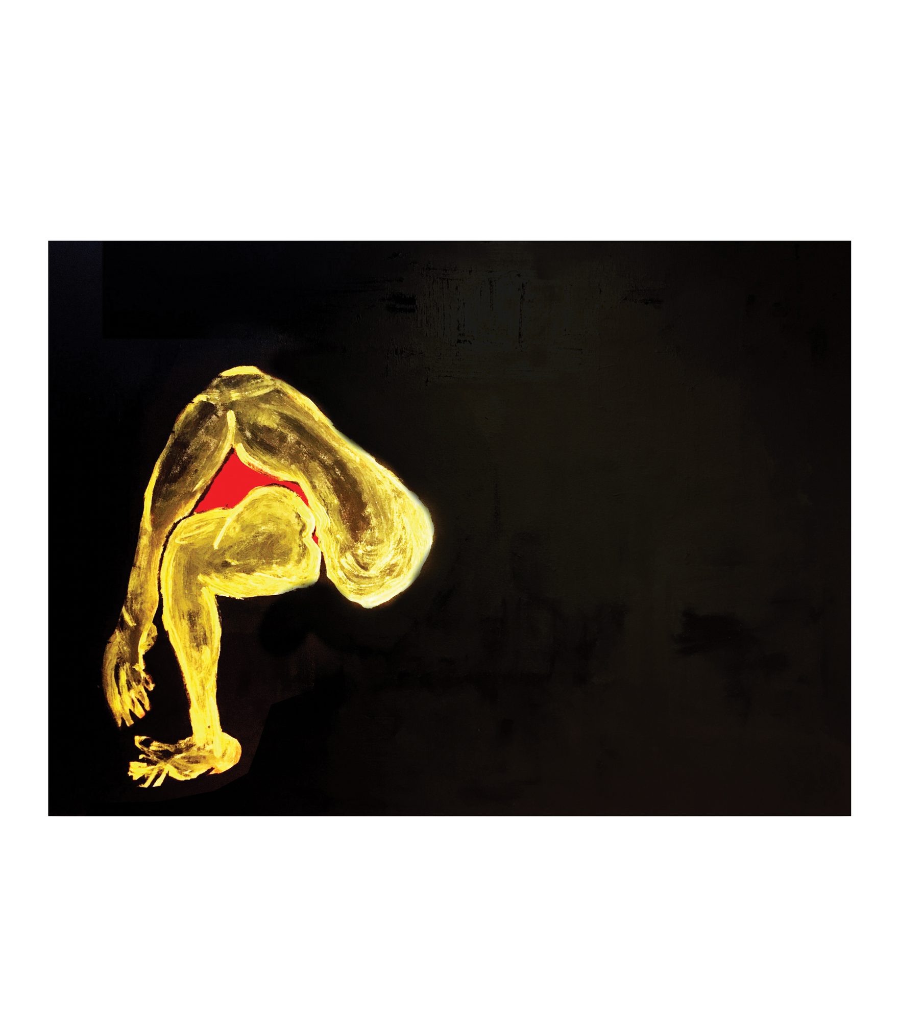 A single figure in yellow, ochre and brown occupies the left third, bent forward so the torso folds over the legs and the head is not visible; one arm hangs down with splayed fingers touching the lower left, and a foot with spread toes rests along the bottom. A flat red triangle sits between the folded limbs at the centre of the body. Pale yellow and white edging runs along the rounded back, widest at its right side. The remaining two thirds are near black, with faint brown and grey streaks and a slightly lighter rectangle in the upper left corner.