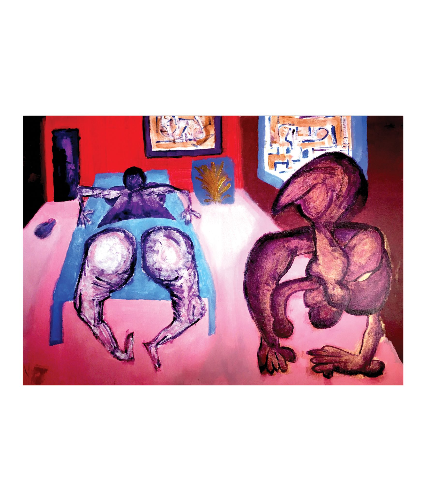Two figures divide a horizontal composition. On the left one lies on a blue rectangular bed seen from the foot end, arms stretched out sideways, knees raised as two large pale rounded masses, lower legs and feet extending onto pink flooring, head dark at the far end. On the right a larger figure in purple and brown crouches forward, its head a broad hooked wedge, both arms reaching down to the floor where the hands lie flat. Behind them a red wall carries a framed picture at top centre, a blue panel with a gold leaf form, and a window at upper right.