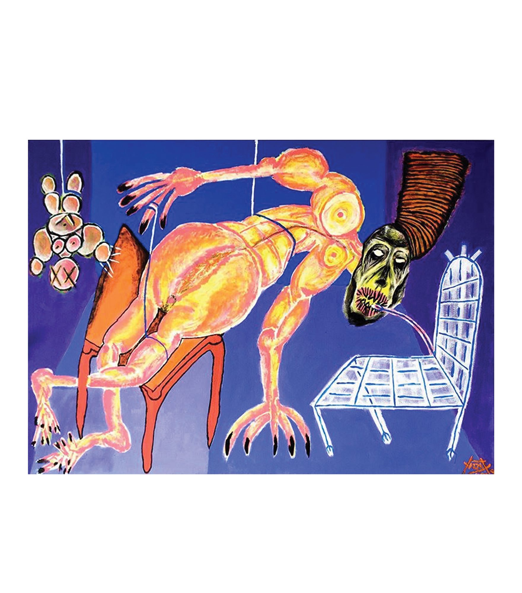 A tall pink and yellow body bends forward across the centre against a blue and violet ground, its torso marked by two concentric circles. One long arm extends upper left, ending in five thin black-tipped fingers. An olive green head with white eyes and a red striped mouth hangs at right beneath a ribbed orange cone. Two bird legs end in black clawed toes at the bottom. A red four-legged chair sits below the torso; a white outlined chair with a grid seat stands right. A pink line runs from the mouth to the chair. Pale ovoid clusters with X marks hang upper left.