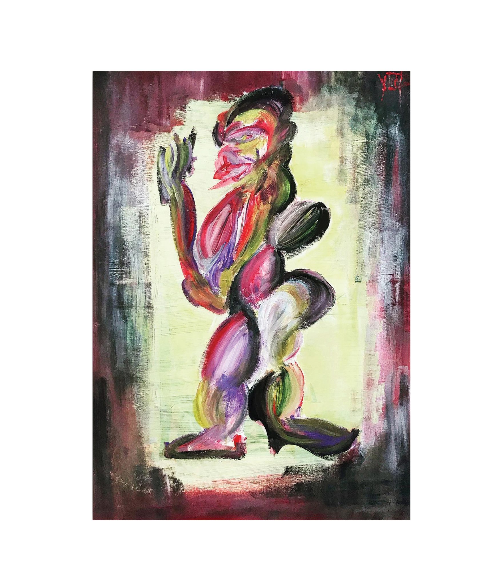 Standing in profile and turned to the left, a figure built from stacked rounded brushstrokes fills the centre of a vertical canvas. Magenta, purple, olive green, black, white and ochre run through the body in wide curved marks. The head shows a dark cap, a red mouth and a green cheek; one arm lifts at the left with fingers spread. Below, rounded masses form torso, hips and legs, ending in two long dark feet on a pale line. A yellow green panel sits behind the figure, framed on all four sides by dark maroon, grey and black vertical strokes. A small red mark occupies the top right corner.