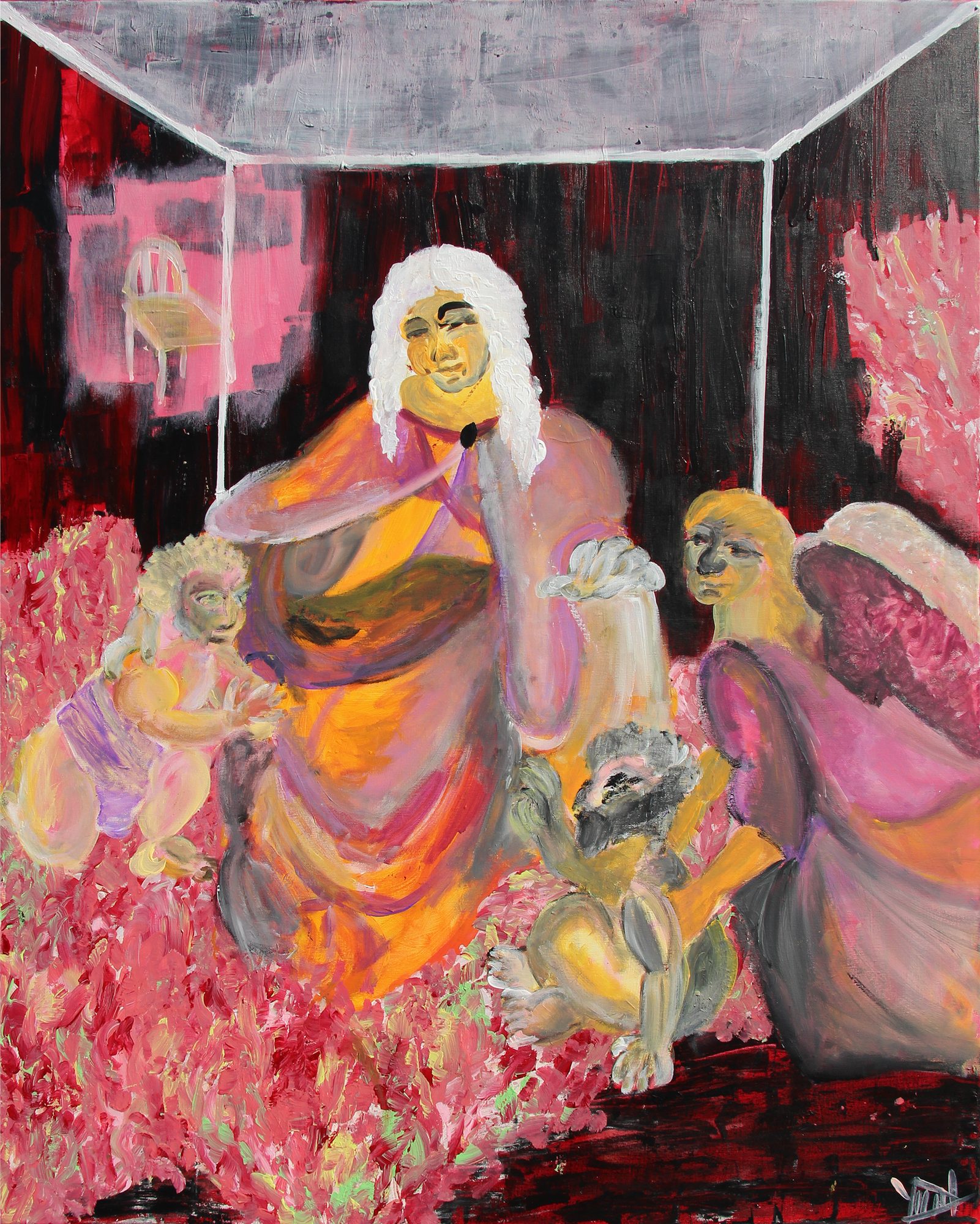 A seated figure fills the centre in orange and yellow drapery, one hand raised to the cheek, beneath a long white wig falling past the shoulders. Thin white lines draw an open box around it, its flat grey ceiling spanning the top of the canvas and its uprights running down to the lower edge. Behind, the ground is black and deep red, with a pink rectangular panel at upper left holding a pale outlined chair. The lower two thirds are a dense bed of coral, pink and red strokes. At left a small pale figure with curly hair sits in lavender and cream; at right a larger blonde figure in a pink and grey robe turns inward, a wide pink wing behind its shoulder. Below the centre a smaller figure with grey hair lies back with its legs raised. A dark signature mark sits in the lower right corner.