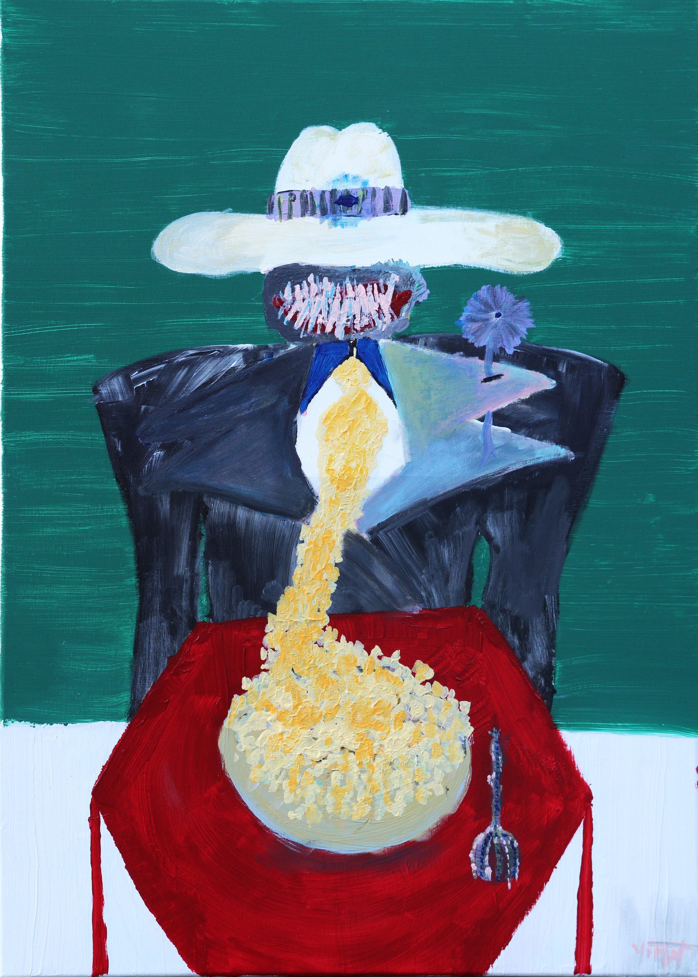 A seated form fills the centre. Above it sits a wide-brimmed cream hat with a purple band. Beneath the brim, a dark grey rounded mass carries pink and red vertical marks, and a blue triangular shape hangs below. From this point a broad stream of lumpy yellow grains pours down into a pale round bowl. A charcoal jacket with two curved lapels frames the body against a dark rounded chair back. The upper background is deep teal green; a white band runs along the bottom. A red octagonal cloth covers the lower table, a lavender flower stands at right, and a grey beaded utensil rests at lower right.
