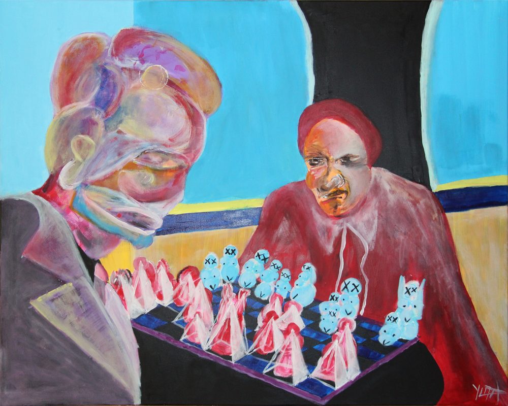 Two figures face each other across a chequered board turned corner on, its near corner meeting just above the bottom edge. At left a large head fills the upper corner, built from overlapping rounded lobes in rose, coral, mauve and ochre with no eyes and no mouth, one white and one yellow ring drawn on it and a pale tapering tube hanging from its underside; below, a dark aubergine jacket with a wide pale lapel line and a long gold wedge down its lower left runs to the bottom edge. At right a smaller head in orange and grey scowls under a dark red cap, the brows knotted and the eyes narrowed, above a wine red cloak with a white collar from which two thin white cords hang into the pieces below. On the board, pink cones each under its own translucent wrapping stand clear of one another; pale blue round heads, some with crossed eyes and some with dots, a small mouth under each, are stacked two and three high and run together into clumps, the densest of them with pointed ears at the right edge of the board. The two sides mix across the middle of the board and nothing stands off it. Behind, a near black opening with softly curved edges runs from the top edge down between two flat cyan fields, and a yellow line, a navy band and a warm plane cross the middle of the picture. A pale signature sits in the lower right corner.