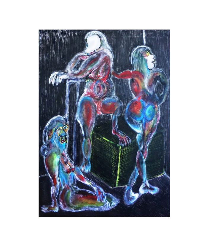 Against a black ground scored with fine vertical lines, three figures occupy the frame. At left a kneeling figure with a blue and green face, yellow patches around the eyes and an open red mouth rests one knee on a green oval. In the centre a taller standing figure leans a forearm on a thin vertical pole; its head is a plain white oval with grey hair, and its body is streaked with grey, red and blue. At right, a third figure stands with its back turned, its buttocks painted as concentric blue and red rings. A dark green box with yellow-green edges sits at lower centre.