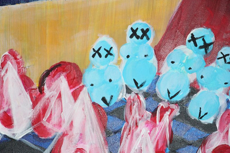 The cyan pieces of 7 fam board game, crossed eyes, against ochre and red.