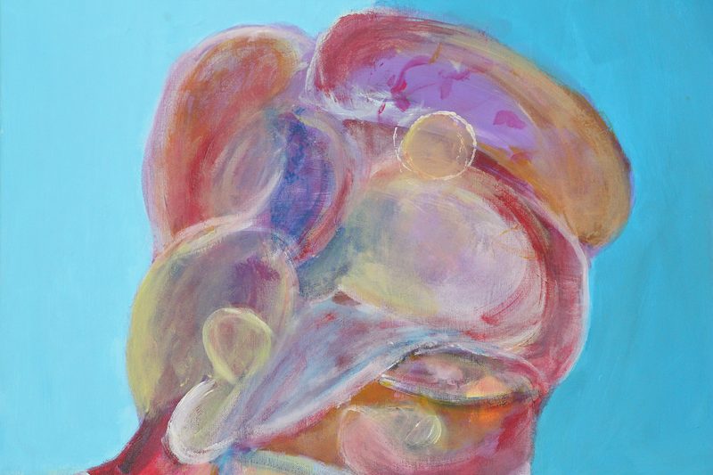 The larger head of 7 fam board game: rounded lobes of rose, coral and ochre against cyan.