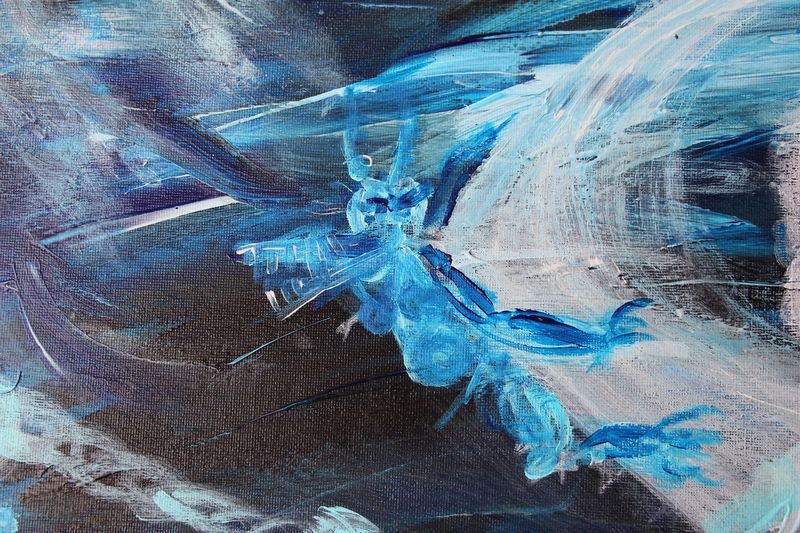A blue figure in flight from articulo attack on mandarin, brushed over black.