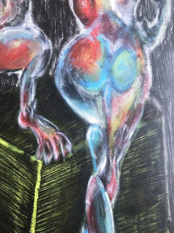 A figure from caprocorn sister in red, blue and green on black, the ground scratched yellow-green.