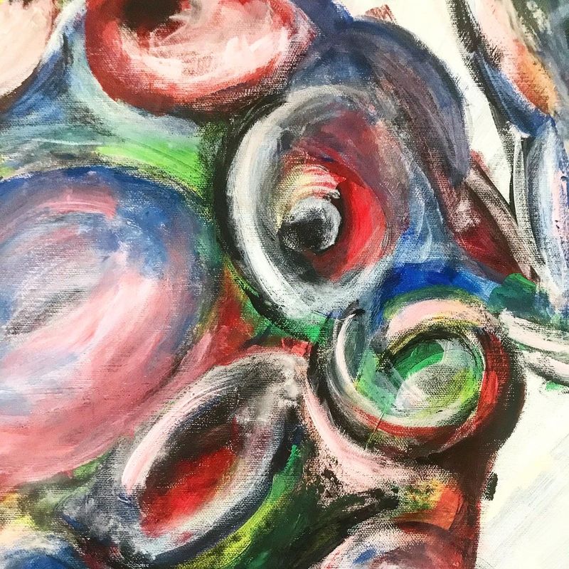 Clustered lobes of red, blue and green from cellular spleens, ringed in black.