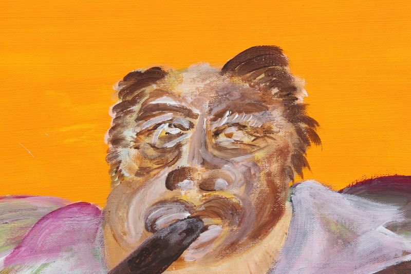 The face of gary grills cooper, brown and ochre, a cigar in its mouth, on orange.