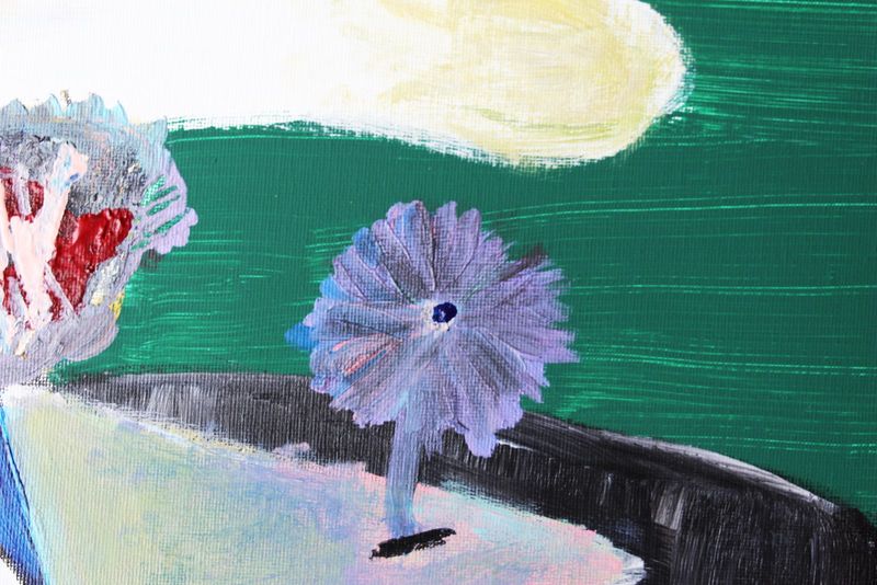 A purple flower on the green wall of walls of perception, a pale cloud above it.