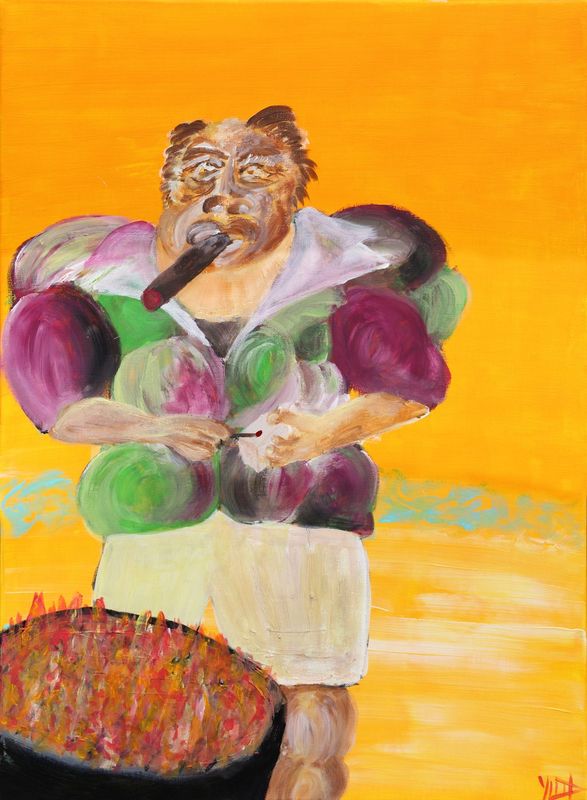 Centred and frontal, one figure fills the height, its torso and arms built from overlapping rounded balls in purple, olive green and grey white. Tufted brown hair frames a broad tan face with heavy brows; a brown cigar angles down from the mouth. A pale lavender collar opens at the neck. Tan forearms cross at the waist, the hand at right holding a thin dark rod. White shorts and pale tan legs continue to the bottom edge. The ground is orange above and paler yellow below, with turquoise streaks across mid height. A black oval pan heaped with red, orange and olive marks fills the lower left corner.