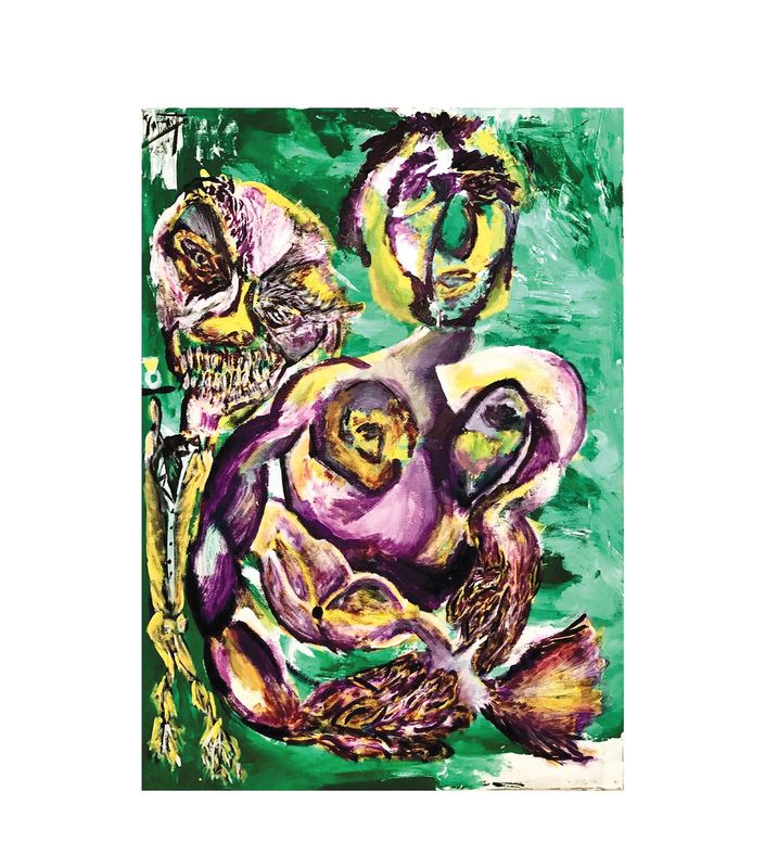 Green paint covers the whole background in sweeping strokes. Upper left holds a pink, yellow and dark purple head-like mass with one large sunken eye and a row of white teeth-shaped marks. Upper right, a second rounded head in yellow, white and purple carries two dark curved eyes and a mouth. Below, a broad torso is built from overlapping rounded lobes in mauve, yellow, ochre and white, a circular ochre patch on the left breast, a dark oval on the right. Brown and purple streaked fan shapes fill the lower third. A narrow yellow band with hanging strands runs down the left edge.